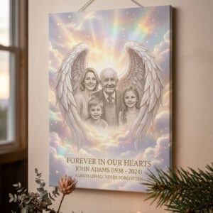 Heavenly Photo Wall Art – Personalized Memorial Canvas with Angel Wings Forever in Our Hearts