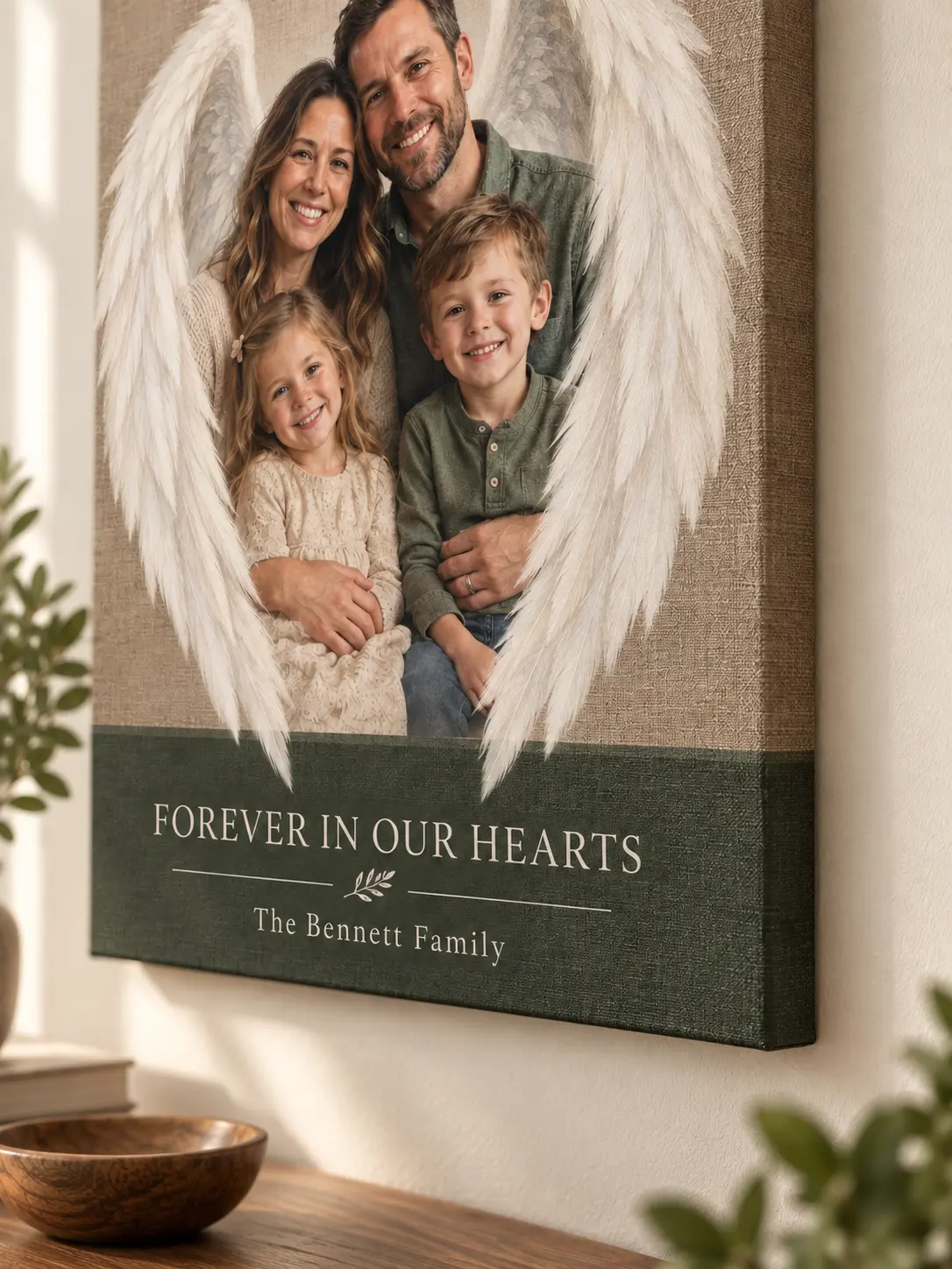 Close-up of canvas texture, wrapped edge and personalized memorial text