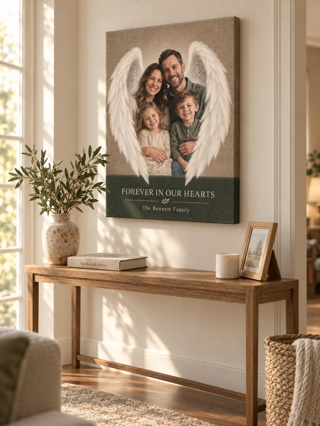 Family memorial canvas displayed in a warm home interior