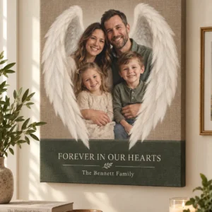 Personalized family memorial photo canvas with angel wings