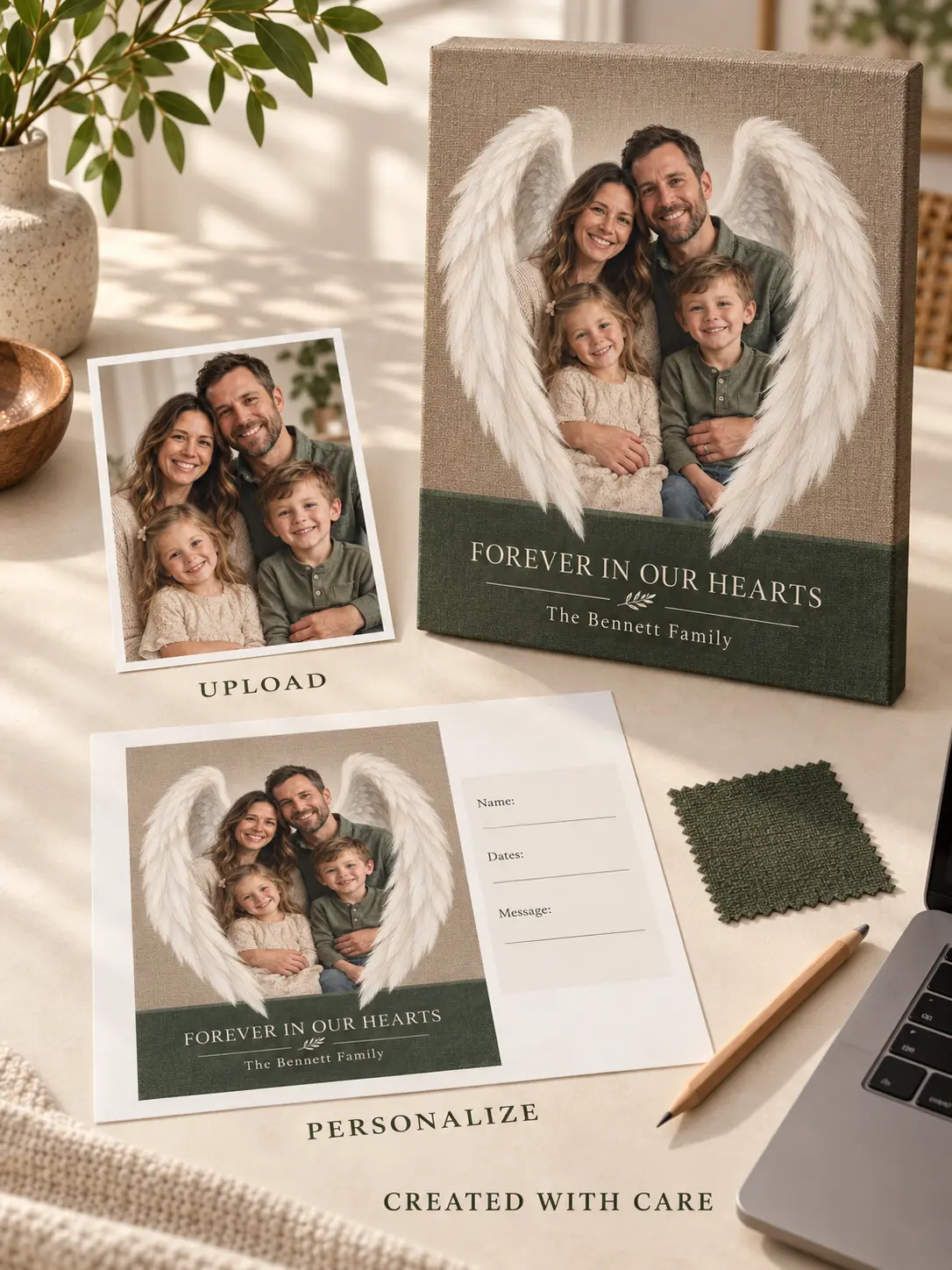 Photo upload and personalization process for family memorial canvas