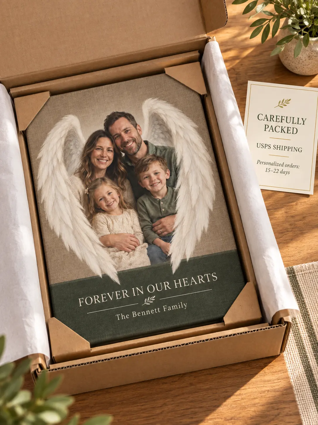 Personalized memorial canvas carefully packed for USPS shipping