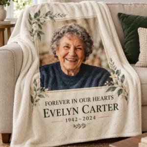 Personalized memorial photo blanket with a loved one portrait, name and dates