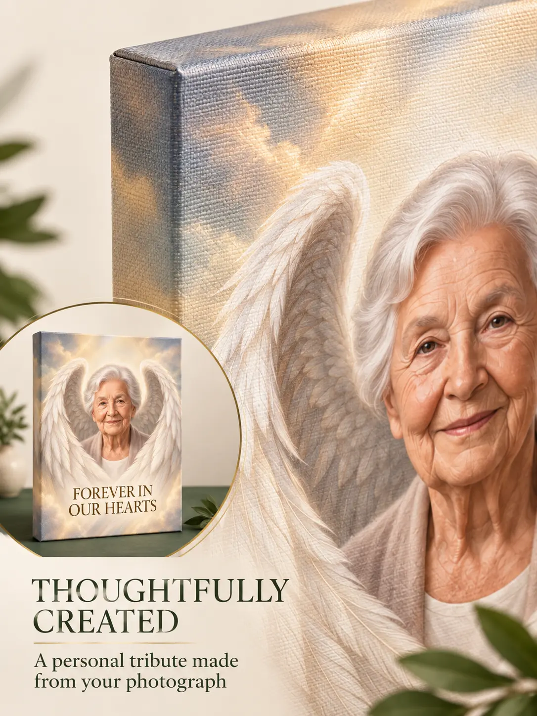 Close-up detail of personalized angel wings memorial canvas texture and wrapped edge