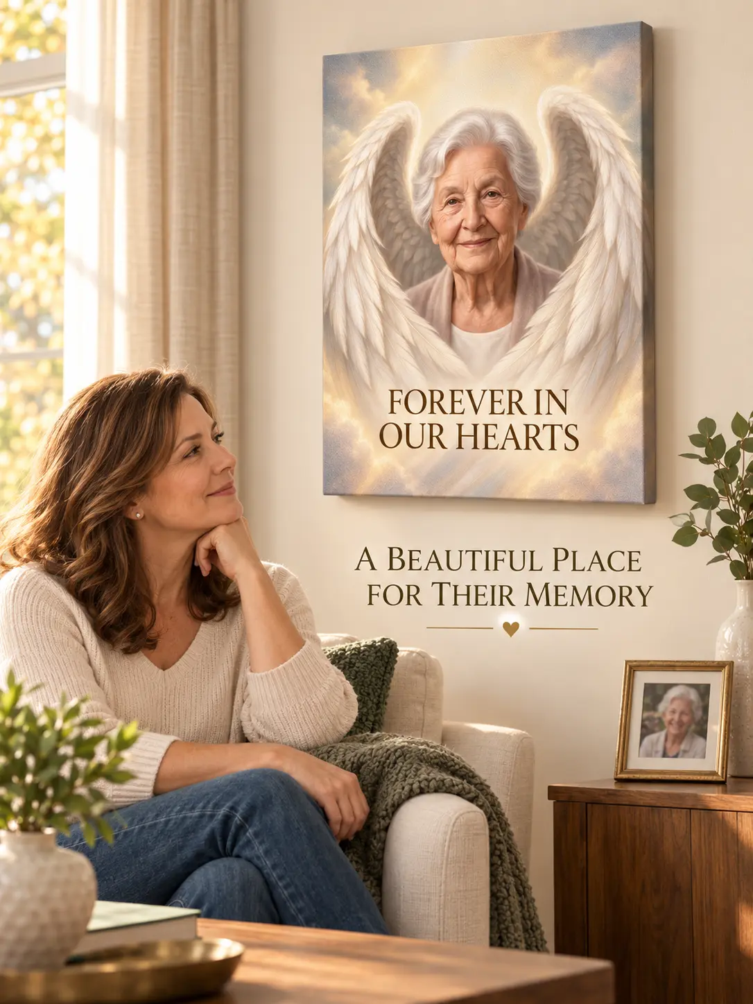 Angel wings memorial canvas displayed in a warm family living room