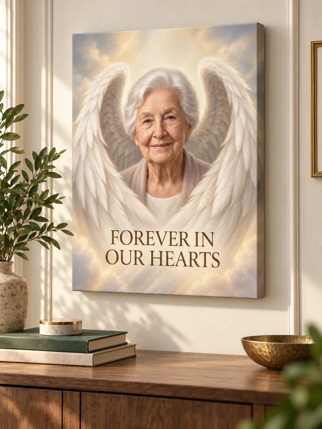 Personalized memorial canvas with angel wings created from a loved one photo