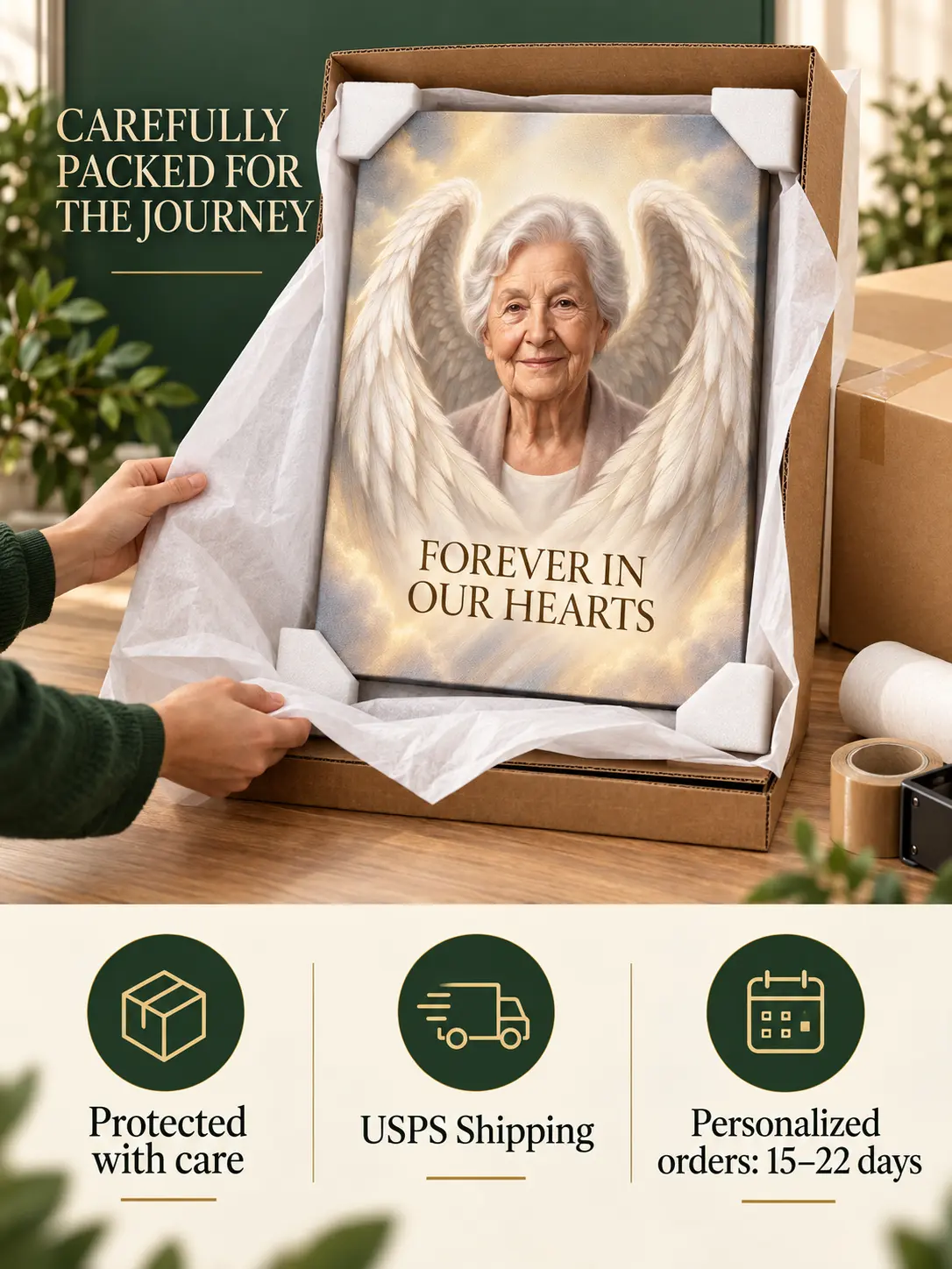 Personalized memorial canvas carefully packed for USPS shipping