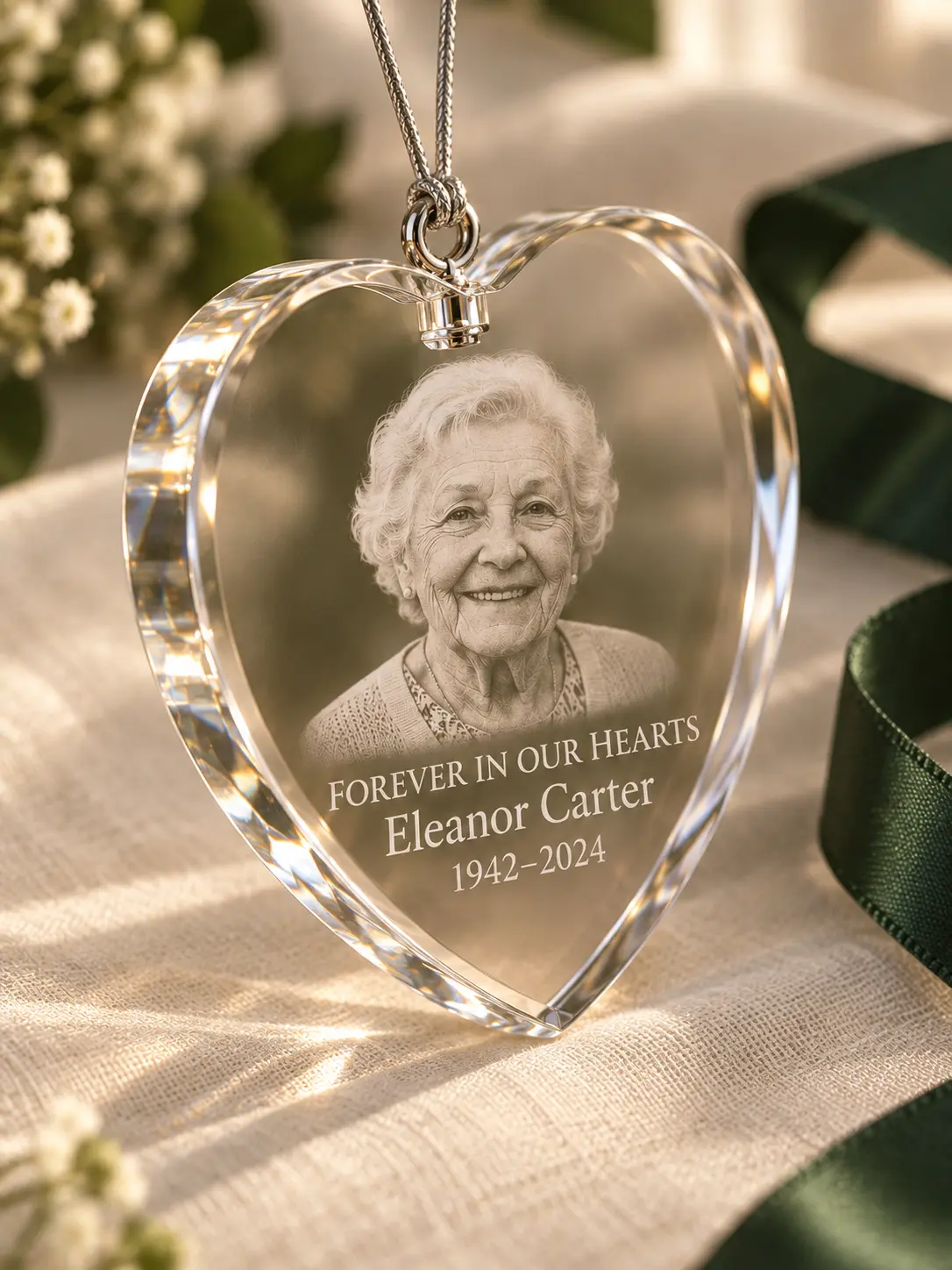 Close-up of transparent memorial ornament edge and silver hanging cord