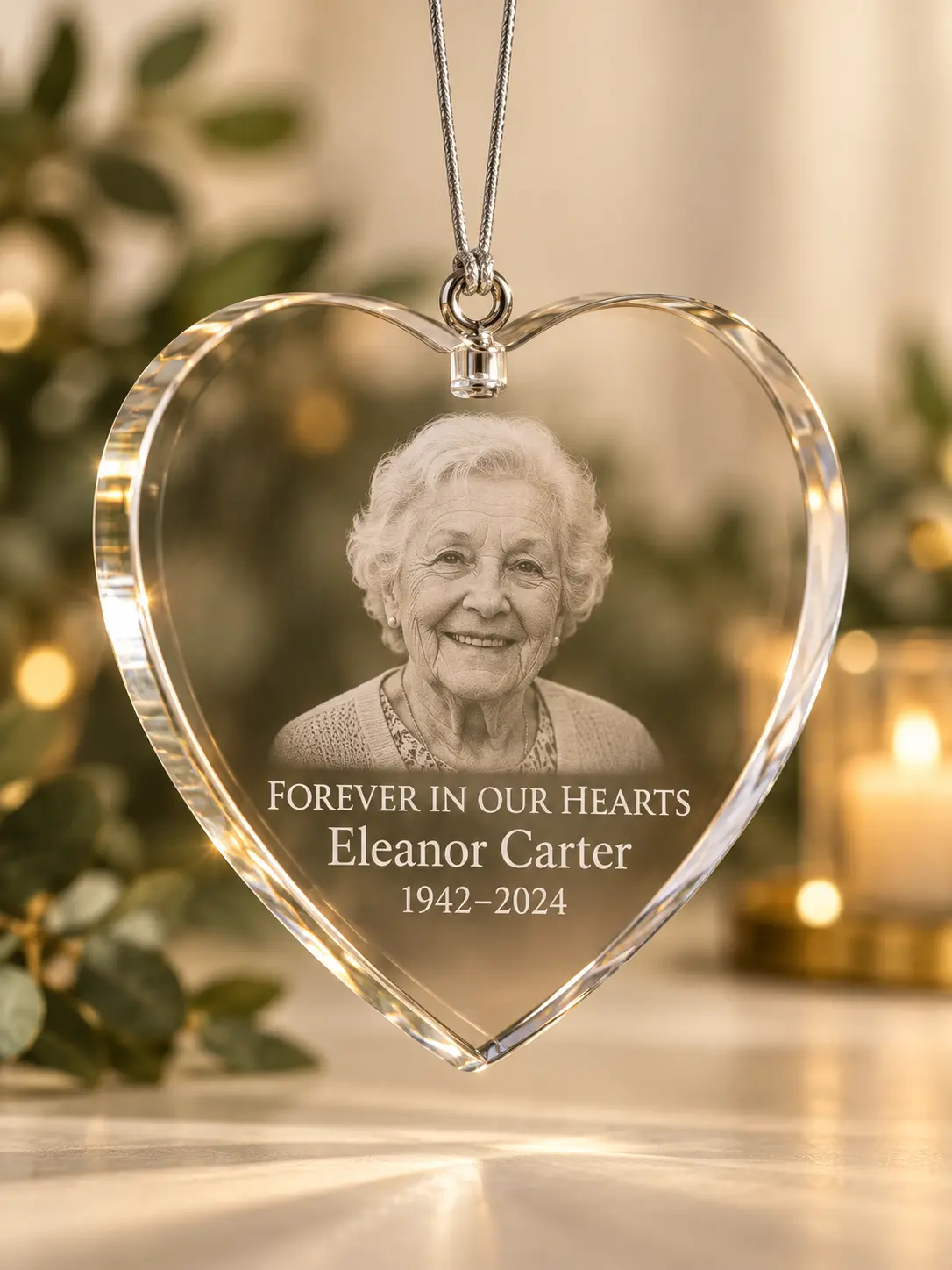Personalized heart-shaped memorial photo ornament
