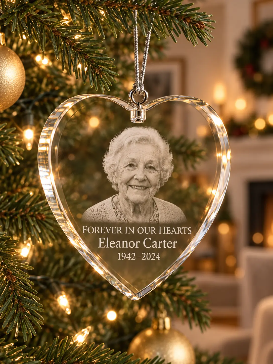 Personalized memorial ornament hanging on a Christmas tree