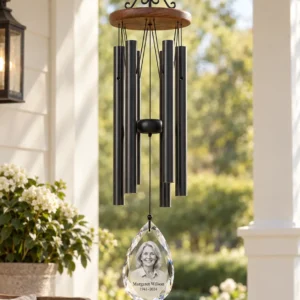 Personalized black memorial wind chimes with photo pendant