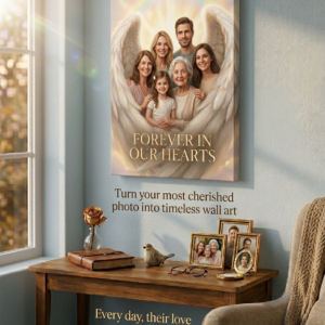 Heavenly Photo Wall Art – Personalized Memorial Canvas with Angel Wings Forever in Our Hearts