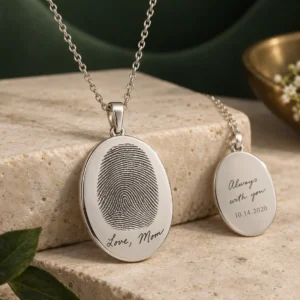 Personalized sterling silver fingerprint and handwriting memorial necklace