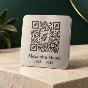 Personalized brushed stainless steel QR memorial plaque