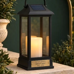 Personalized black solar memorial lantern with warm flameless LED light
