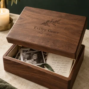 Personalized engraved walnut memorial keepsake box with photographs and letter