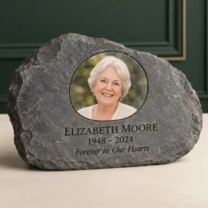 Personalized charcoal photo memorial garden stone with name and remembrance message