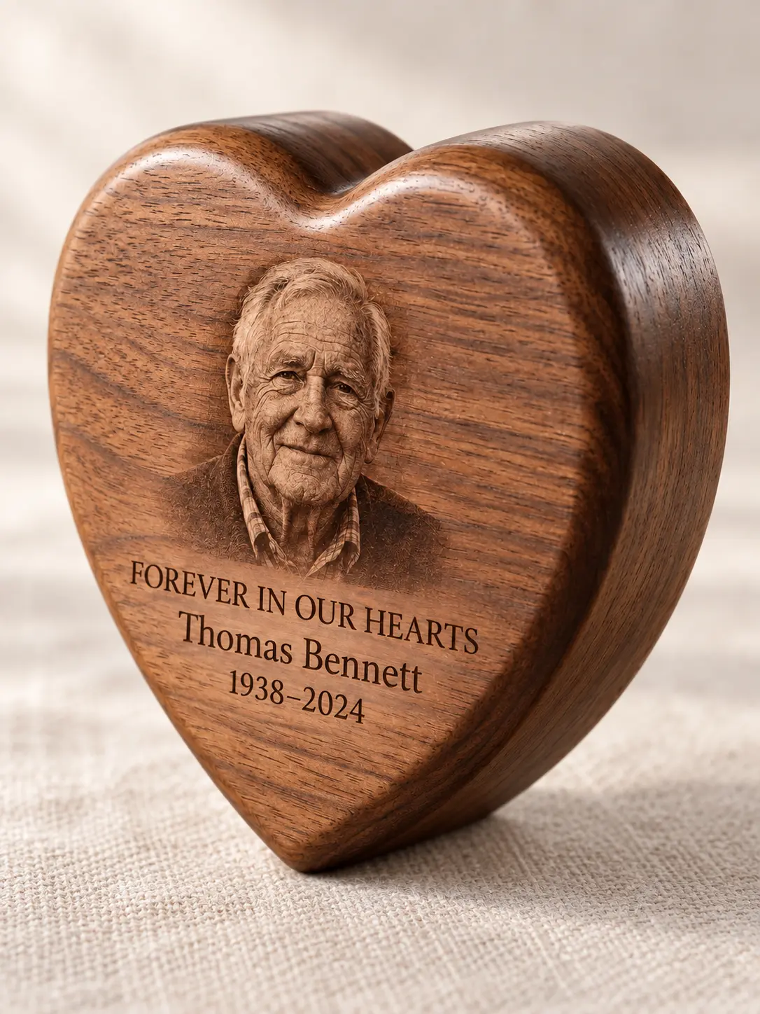 Close detail of the wood grain and dimensional heart-shaped keepsake