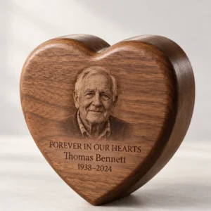 Personalized heart-shaped mini keepsake urn with photo and memorial dates