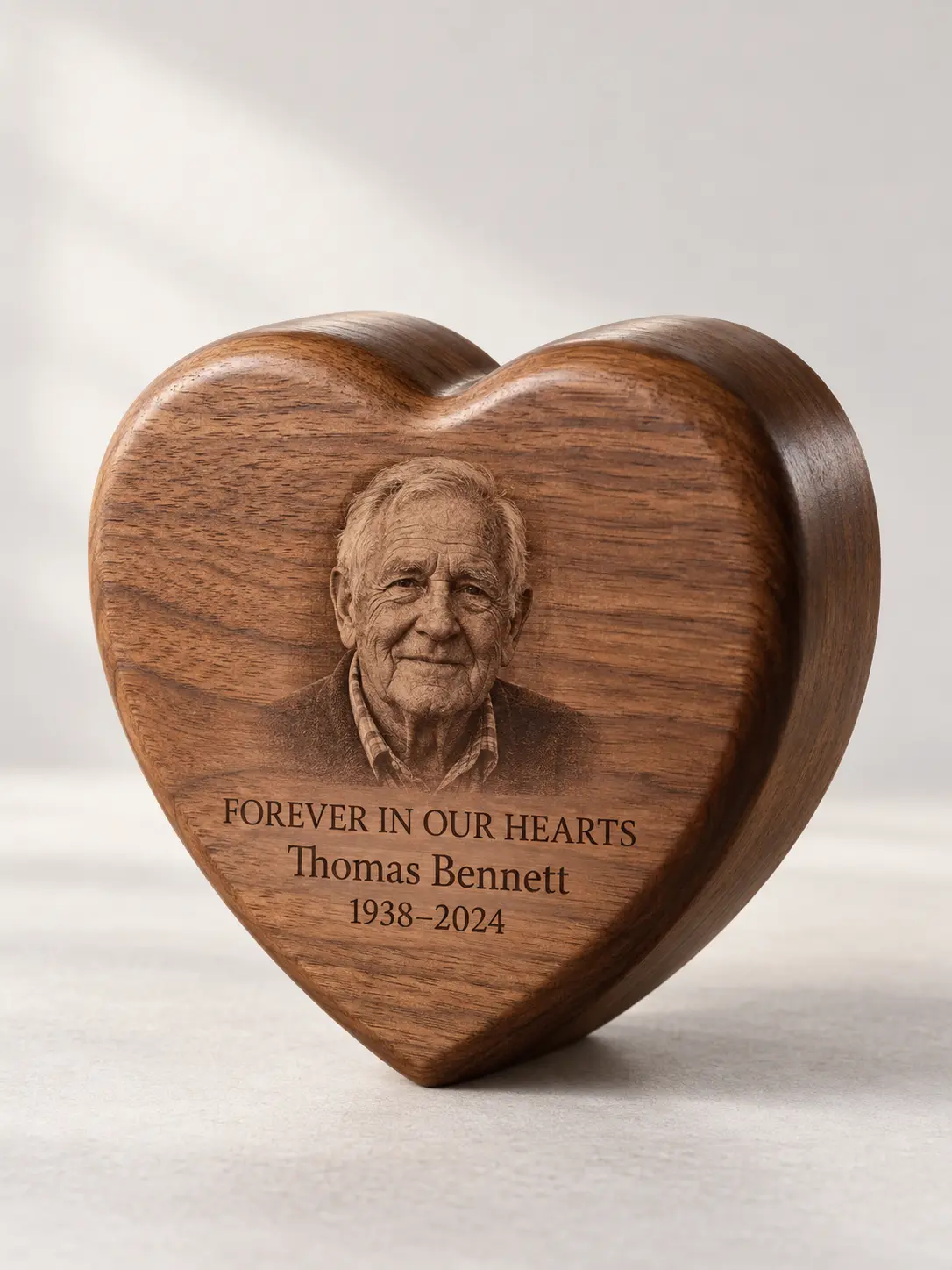 Personalized heart-shaped mini keepsake urn with photo and memorial dates