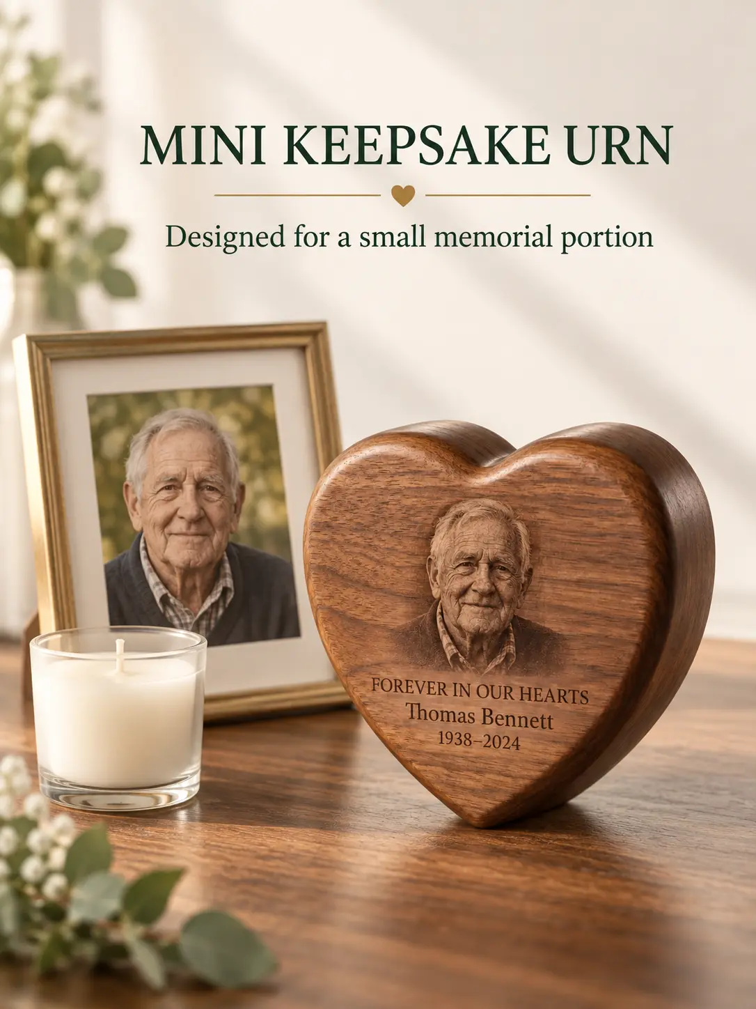 Mini keepsake urn beside familiar decor for visual scale