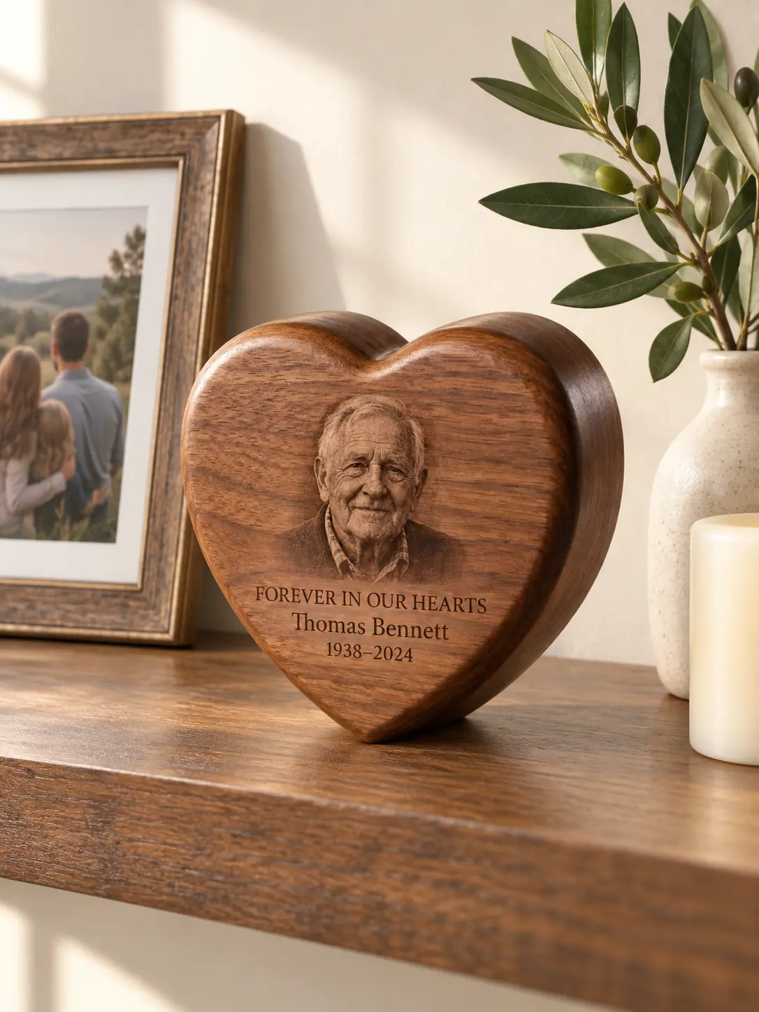 Heart-shaped personalized keepsake displayed on a peaceful remembrance shelf