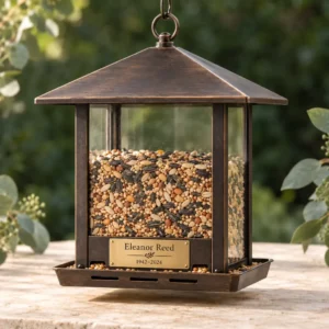 Personalized antique-bronze memorial bird feeder with engraved name and dates