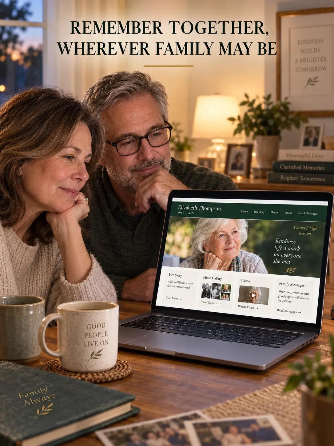 Family viewing a private online memorial together