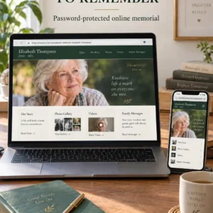 Private online memorial displayed on laptop and phone