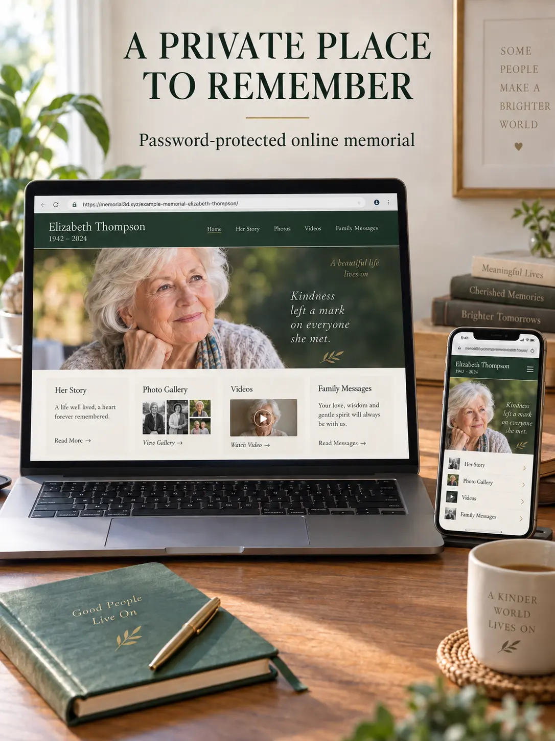 Private online memorial displayed on laptop and phone