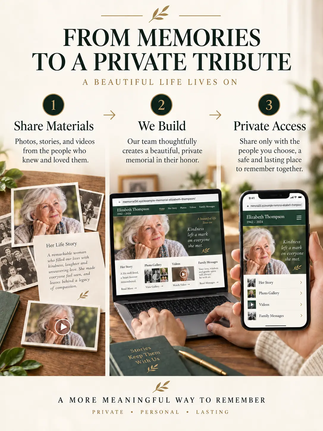 Three-step process from family materials to a private memorial page