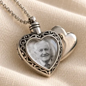 Heart-shaped personalized photo cremation locket on ivory linen