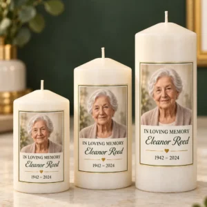 Three personalized memorial candles with the same portrait and dates