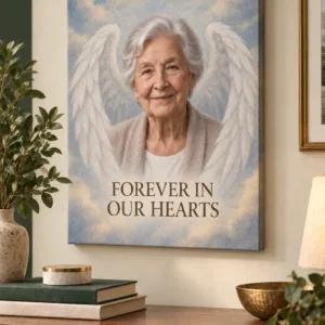 Personalized angel wings memorial canvas displayed in a home
