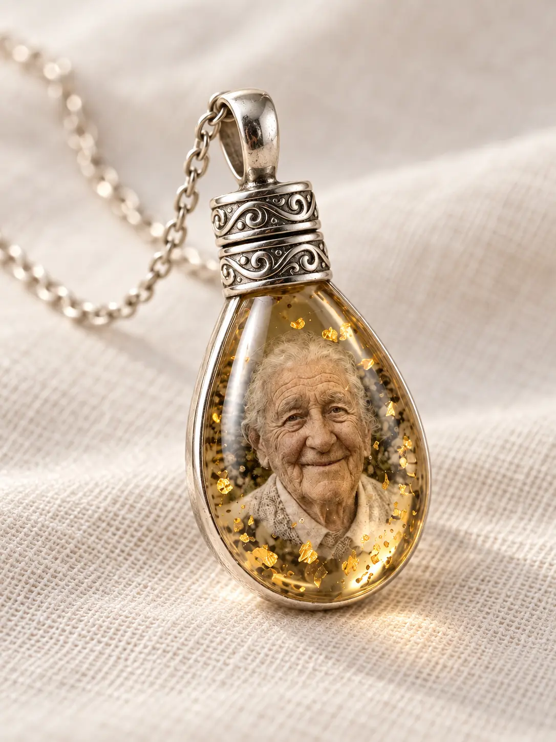 Macro detail of clear resin, photo layer and silver-tone pendant setting