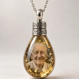Personalized clear resin memorial pendant with portrait and silver-tone chain