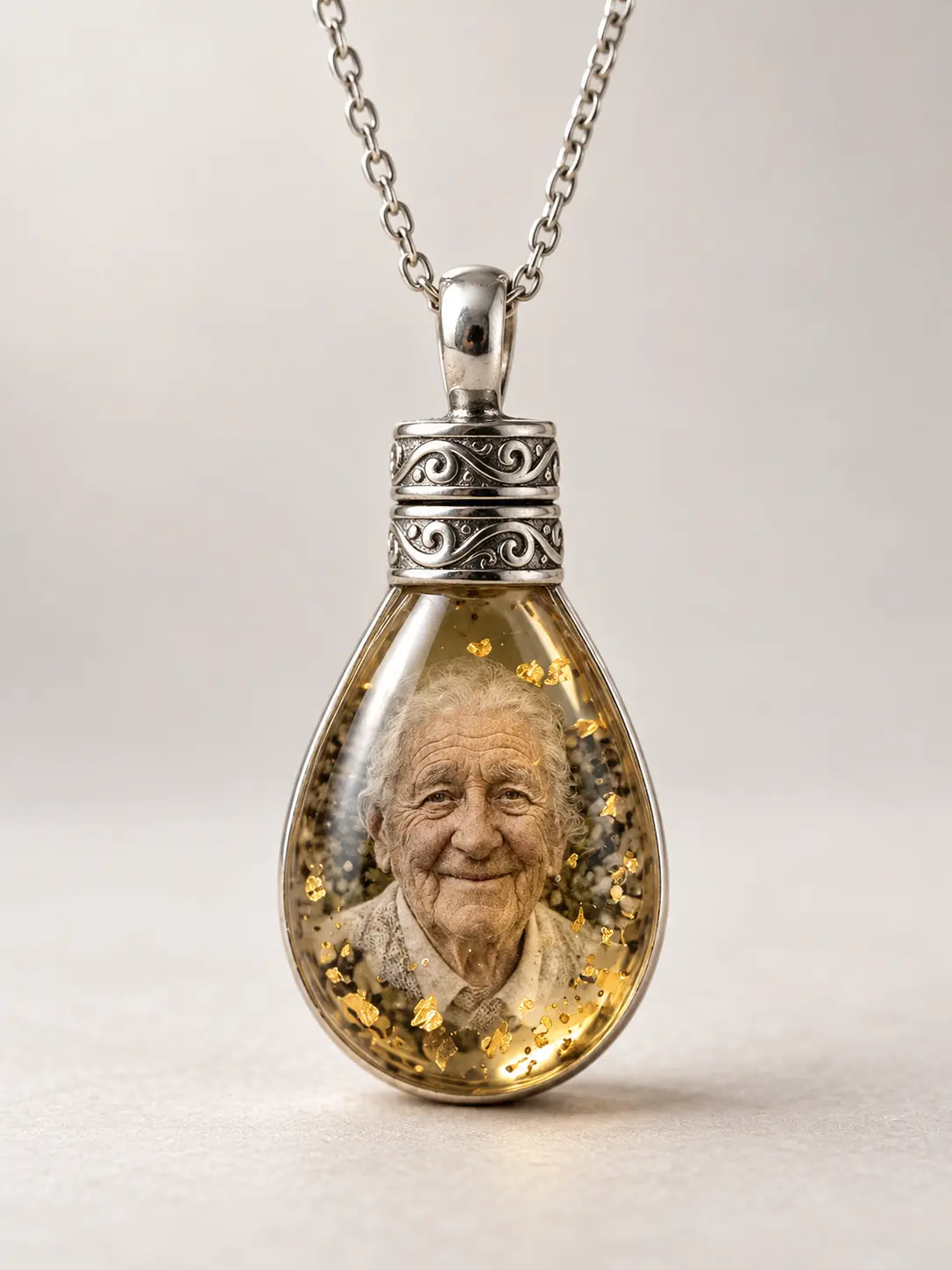 Personalized clear resin memorial pendant with portrait and silver-tone chain