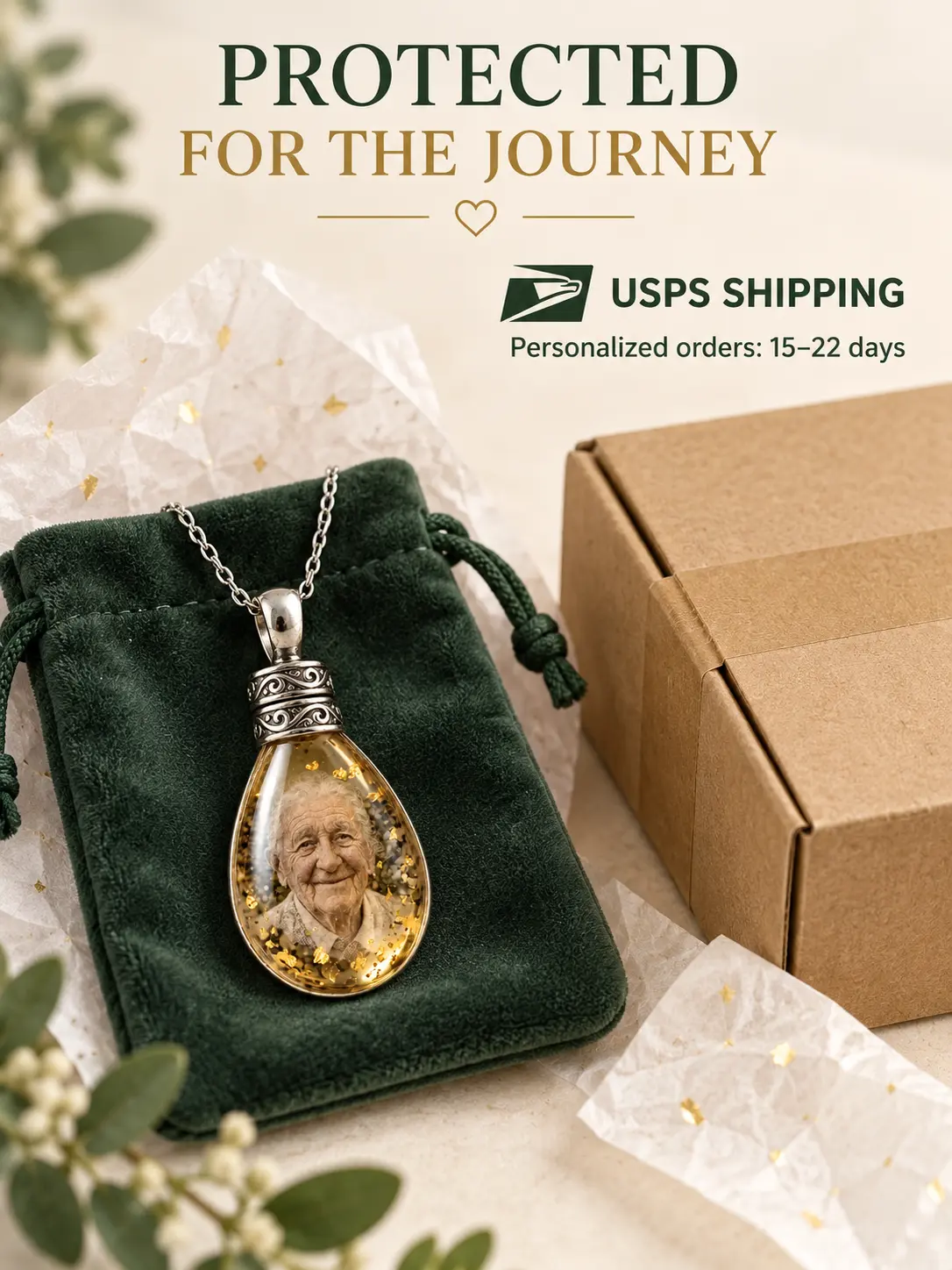 Protective packaging and USPS shipping for the personalized memorial pendant