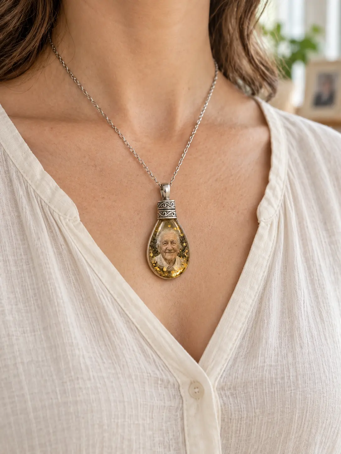 Personalized photo memorial pendant worn naturally at the chest